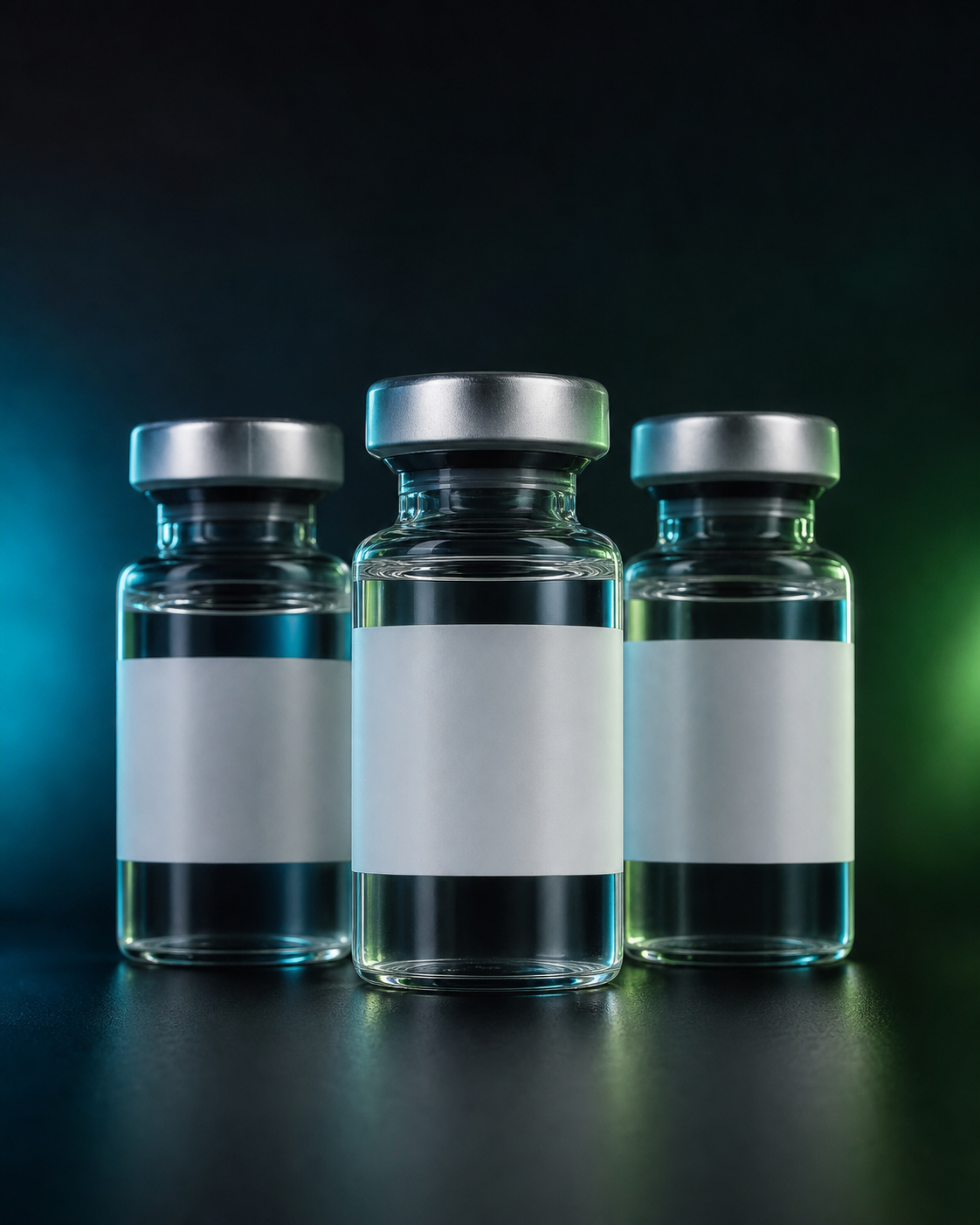 Three pharmaceutical vials in a professional studio setting